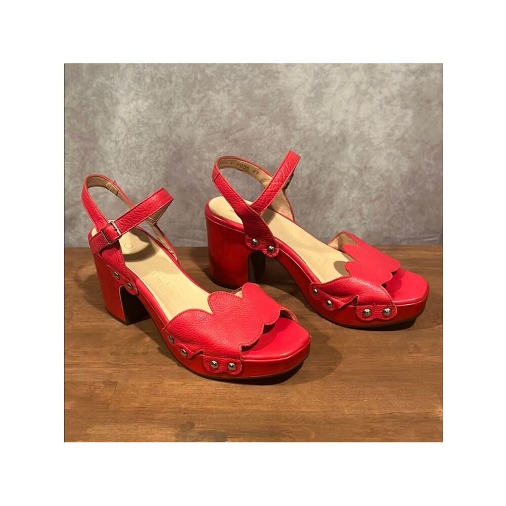 Wonders Red Leather Platform Clog Studded Sandals size 41